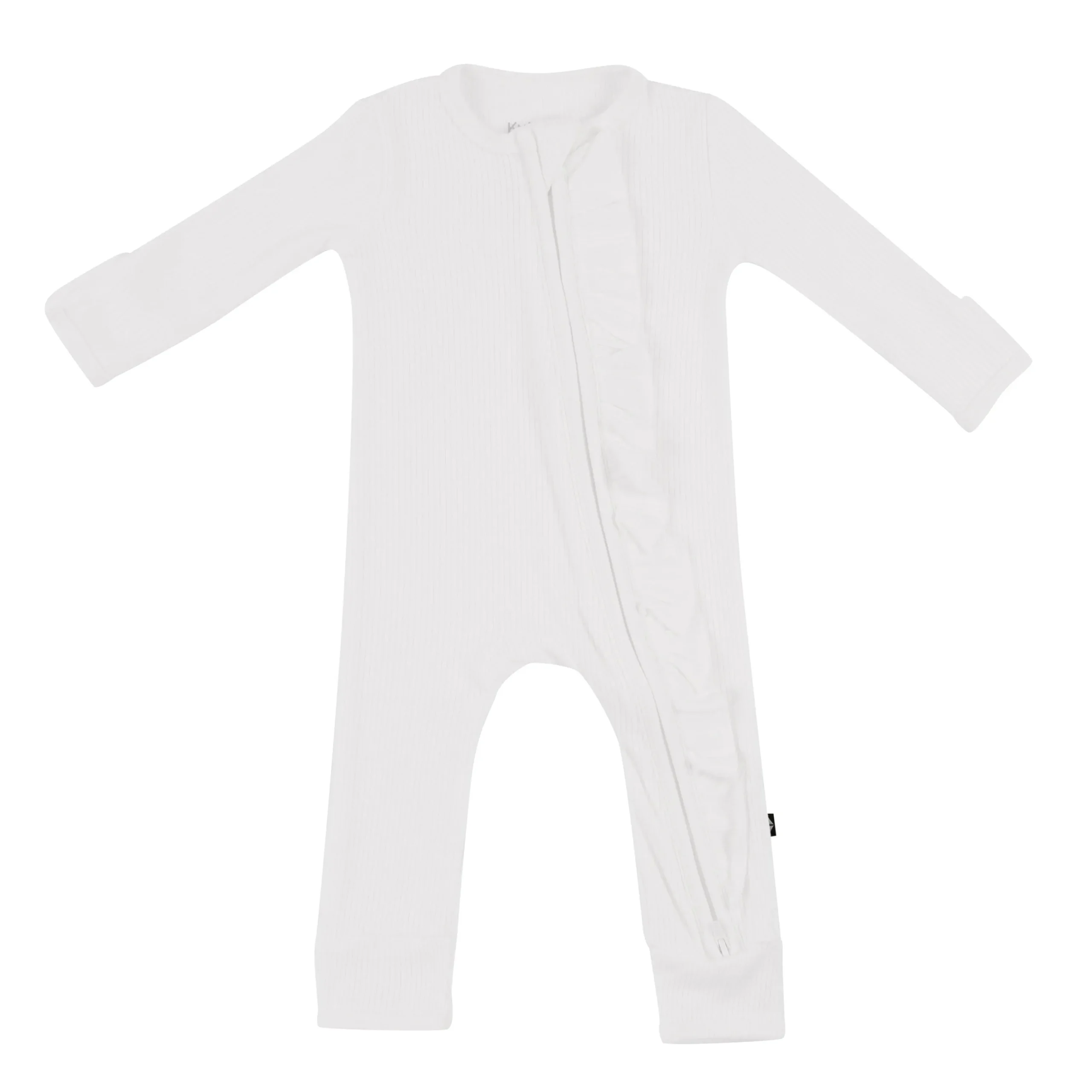 Ribbed Ruffle Zipper Romper in Cloud