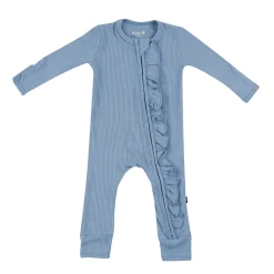 Ribbed Ruffle Zipper Romper in Slate