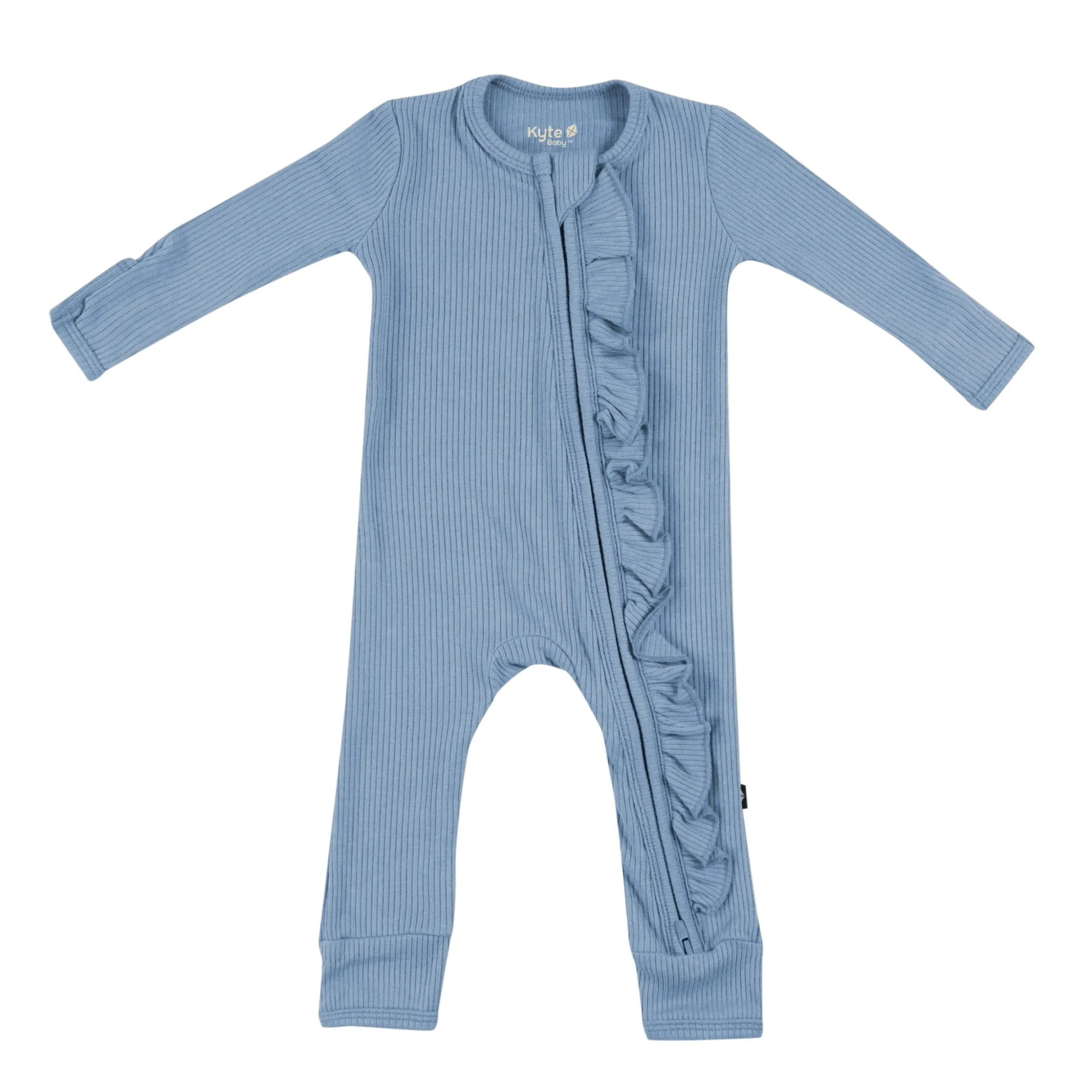 Ribbed Ruffle Zipper Romper in Slate