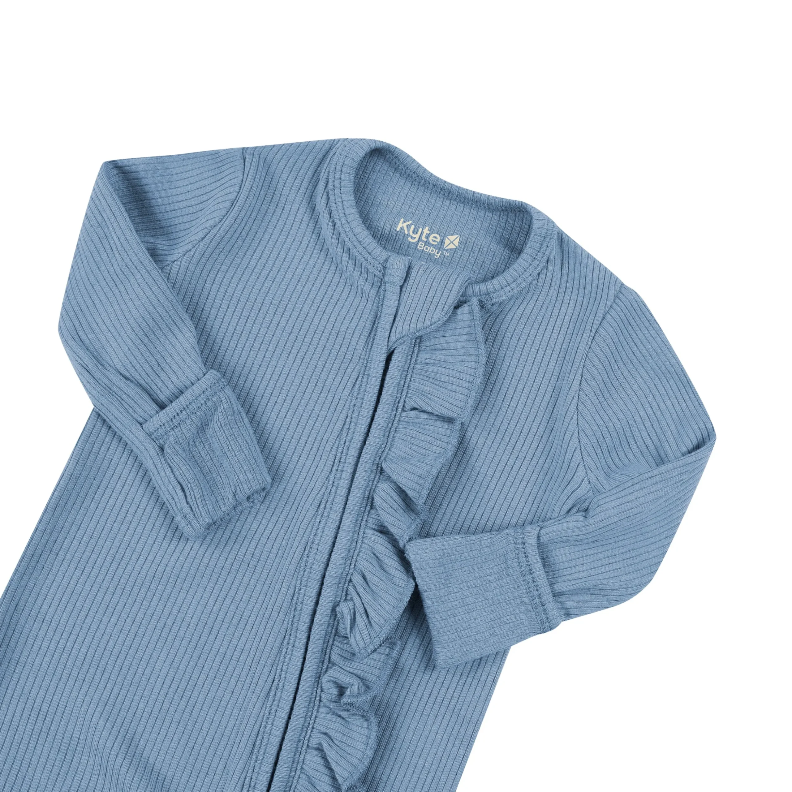 Ribbed Ruffle Zipper Romper in Slate