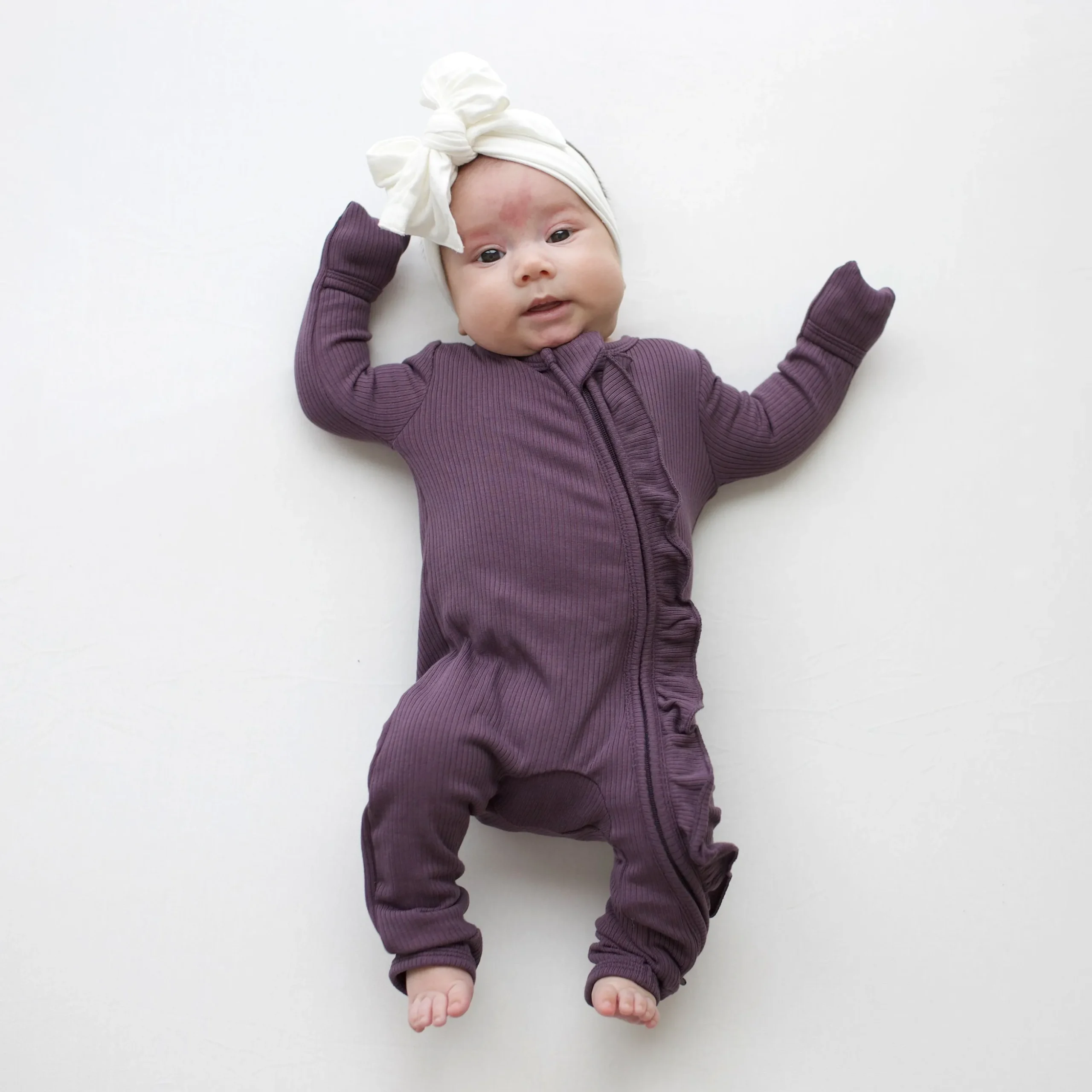 Ribbed Ruffle Zipper Romper in Currant