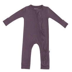 Ribbed Ruffle Zipper Romper in Currant