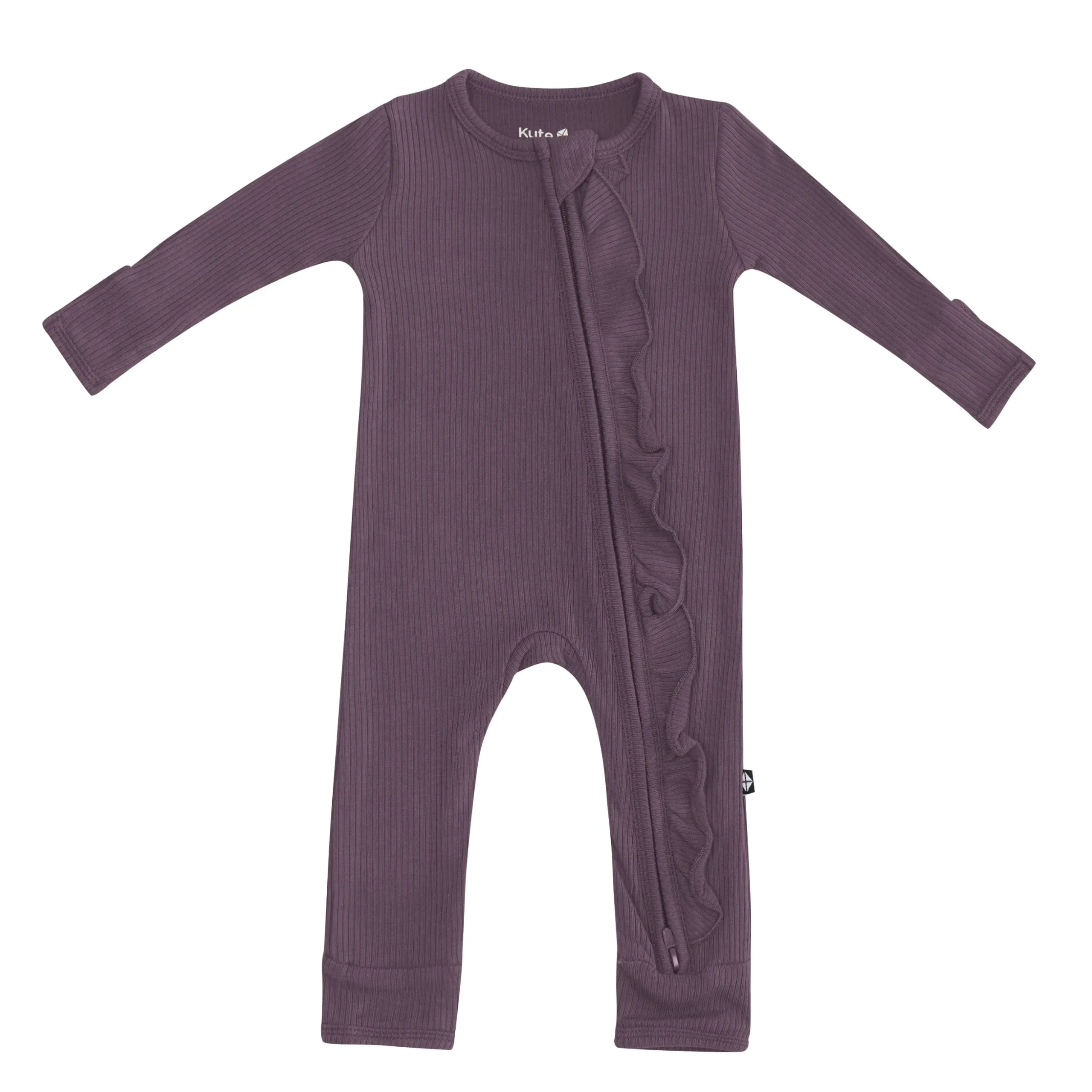 Ribbed Ruffle Zipper Romper in Currant