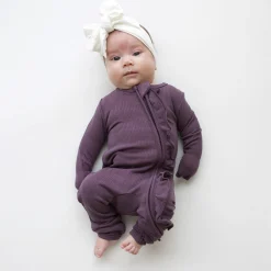 Ribbed Ruffle Zipper Romper in Currant