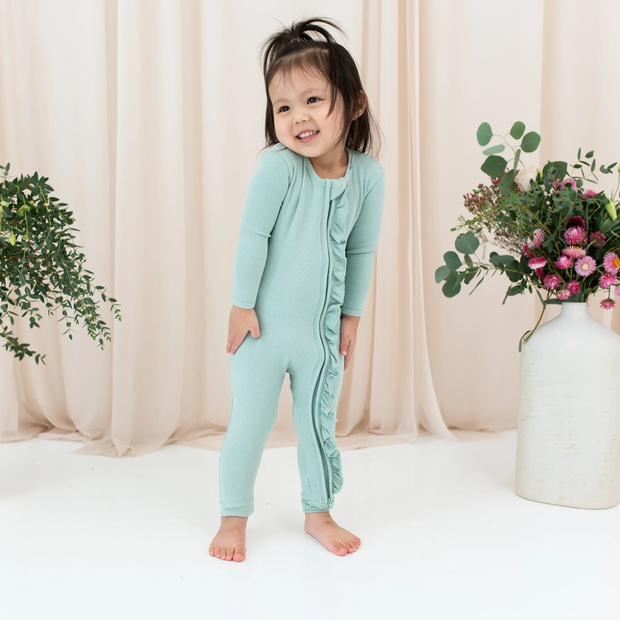 Ribbed Ruffle Zipper Romper in Sage