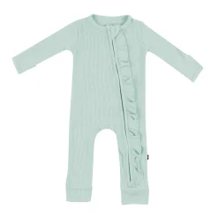 Ribbed Ruffle Zipper Romper in Sage