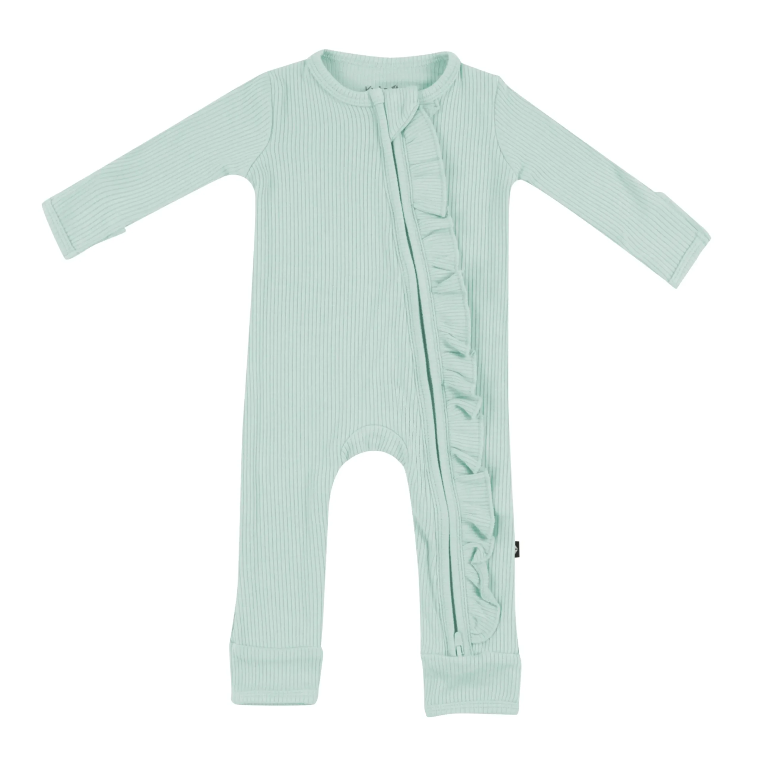 Ribbed Ruffle Zipper Romper in Sage