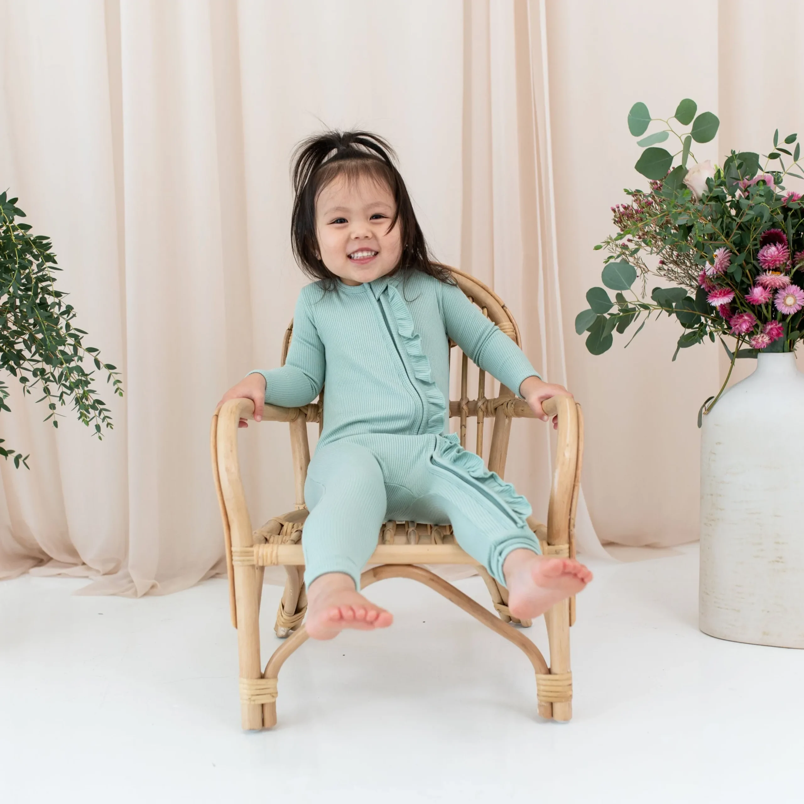 Ribbed Ruffle Zipper Romper in Sage