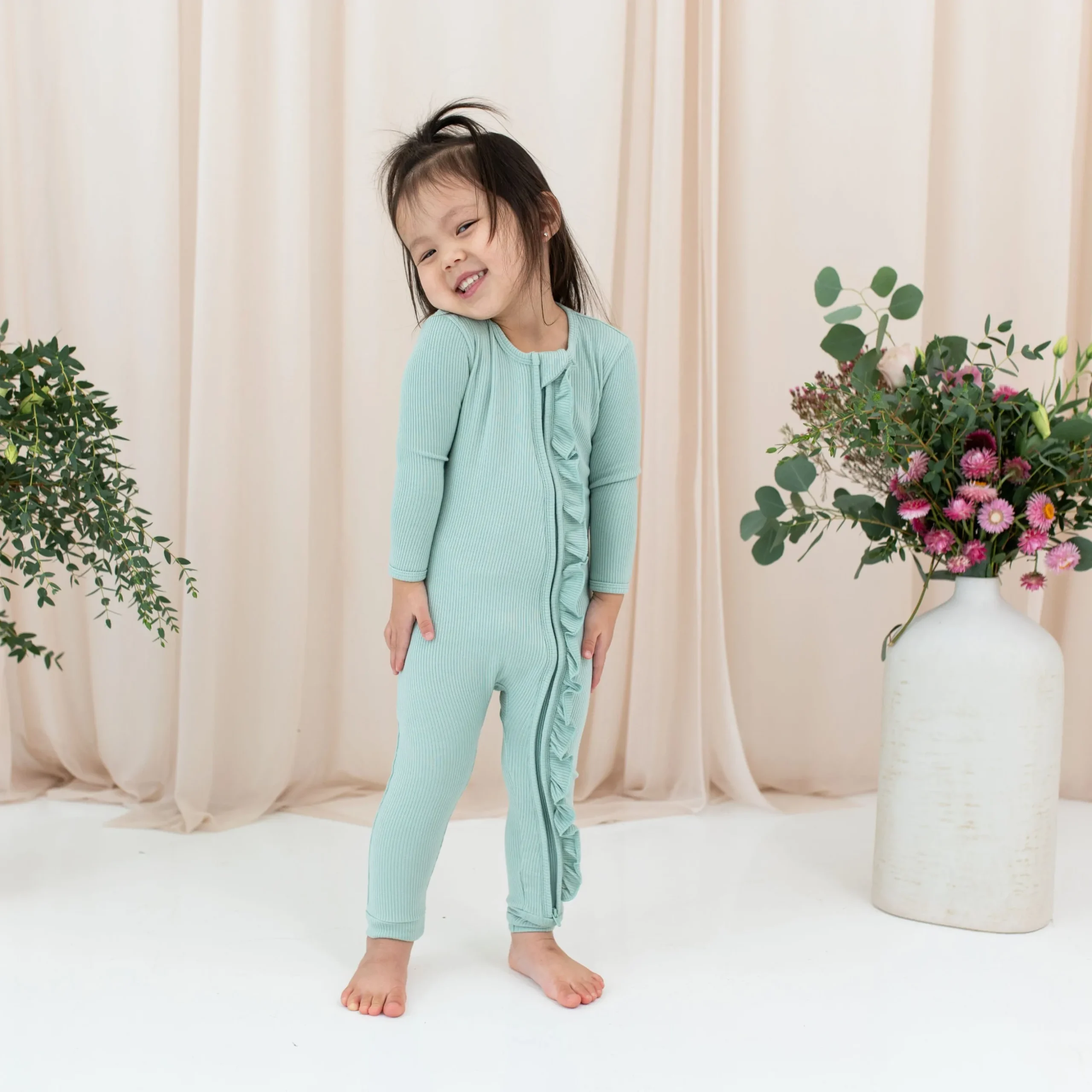 Ribbed Ruffle Zipper Romper in Sage