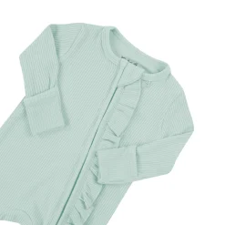 Ribbed Ruffle Zipper Romper in Sage