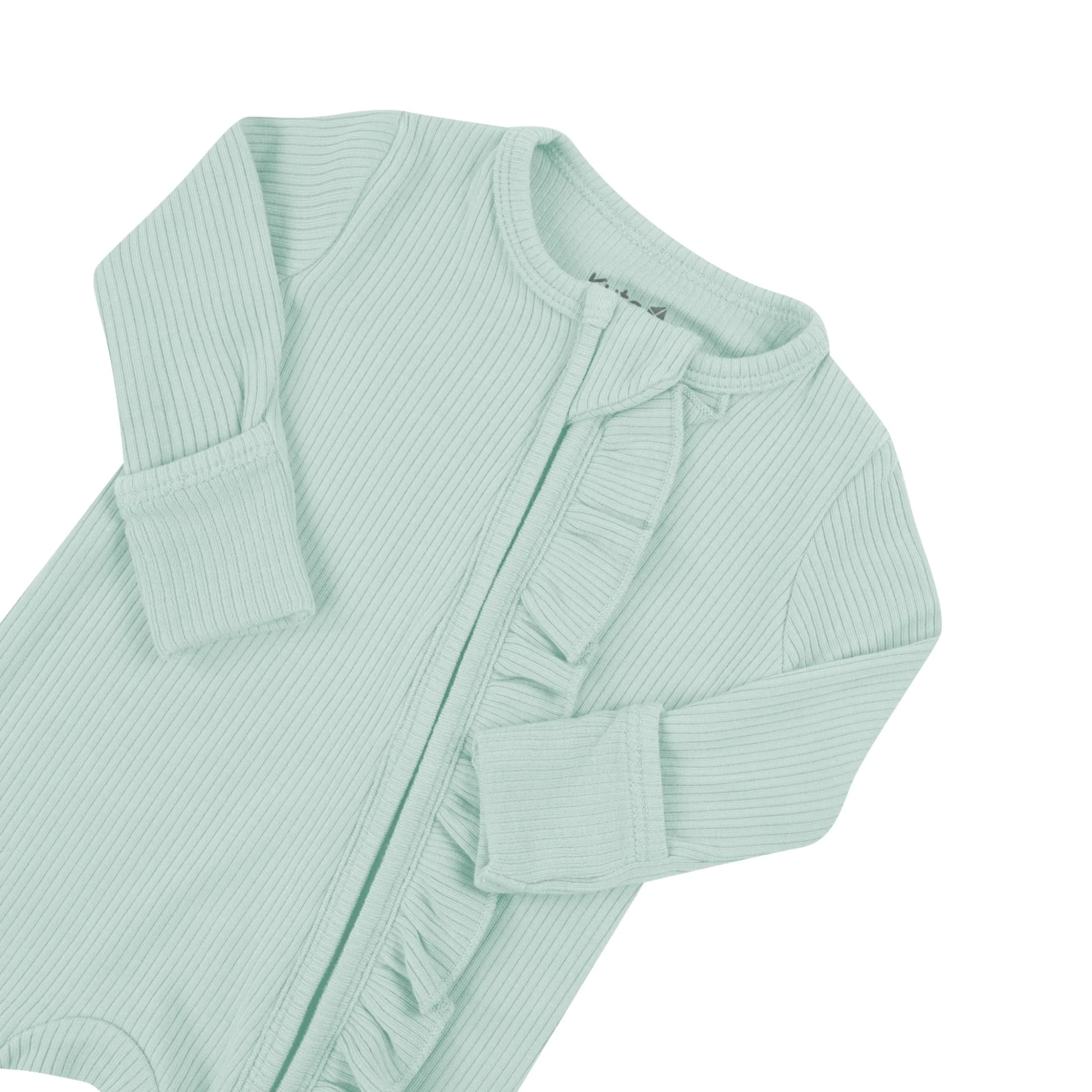 Ribbed Ruffle Zipper Romper in Sage