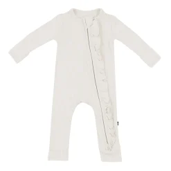 Ribbed Ruffle Zipper Romper in Oat