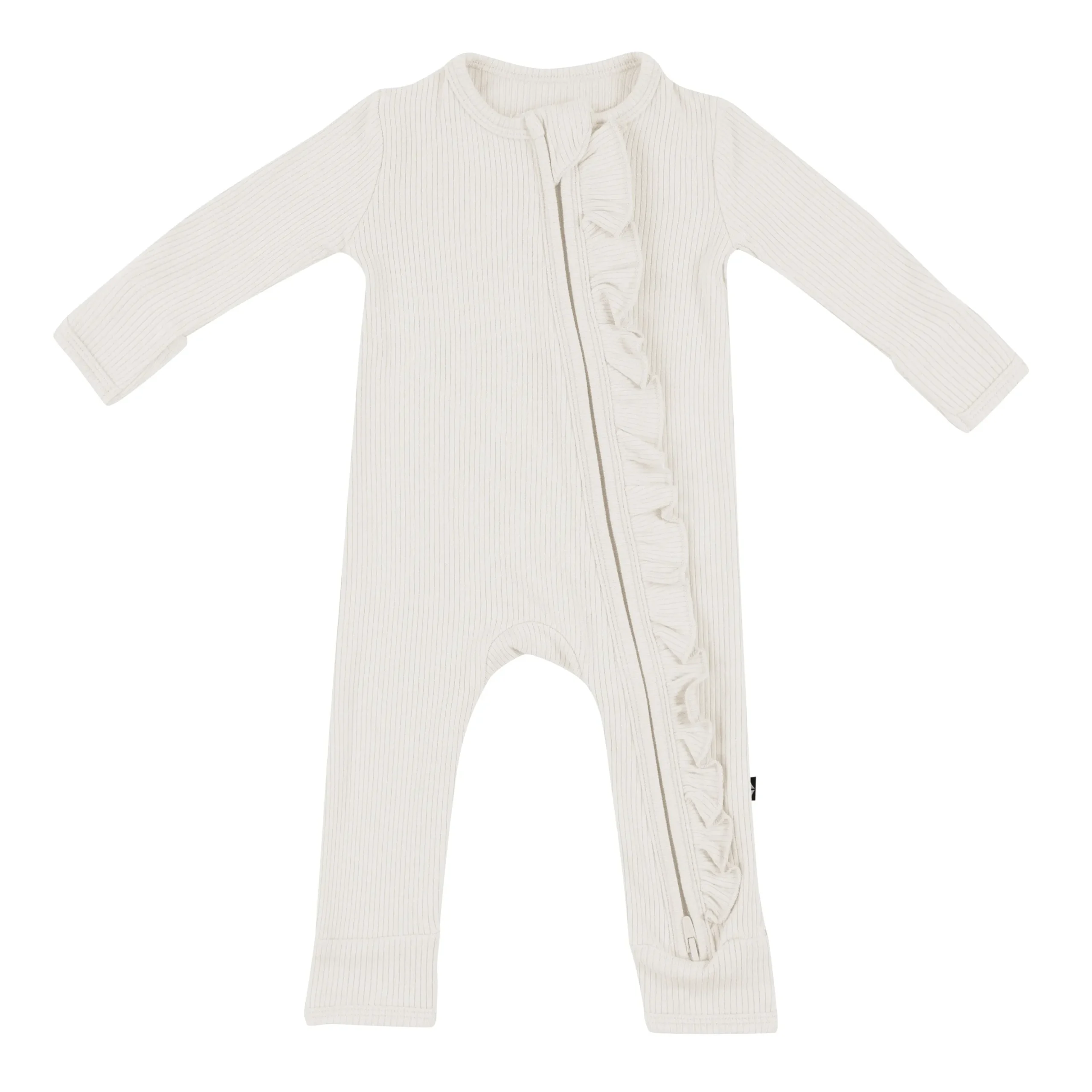 Ribbed Ruffle Zipper Romper in Oat
