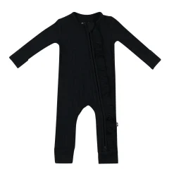 Ribbed Ruffle Zipper Romper in Midnight
