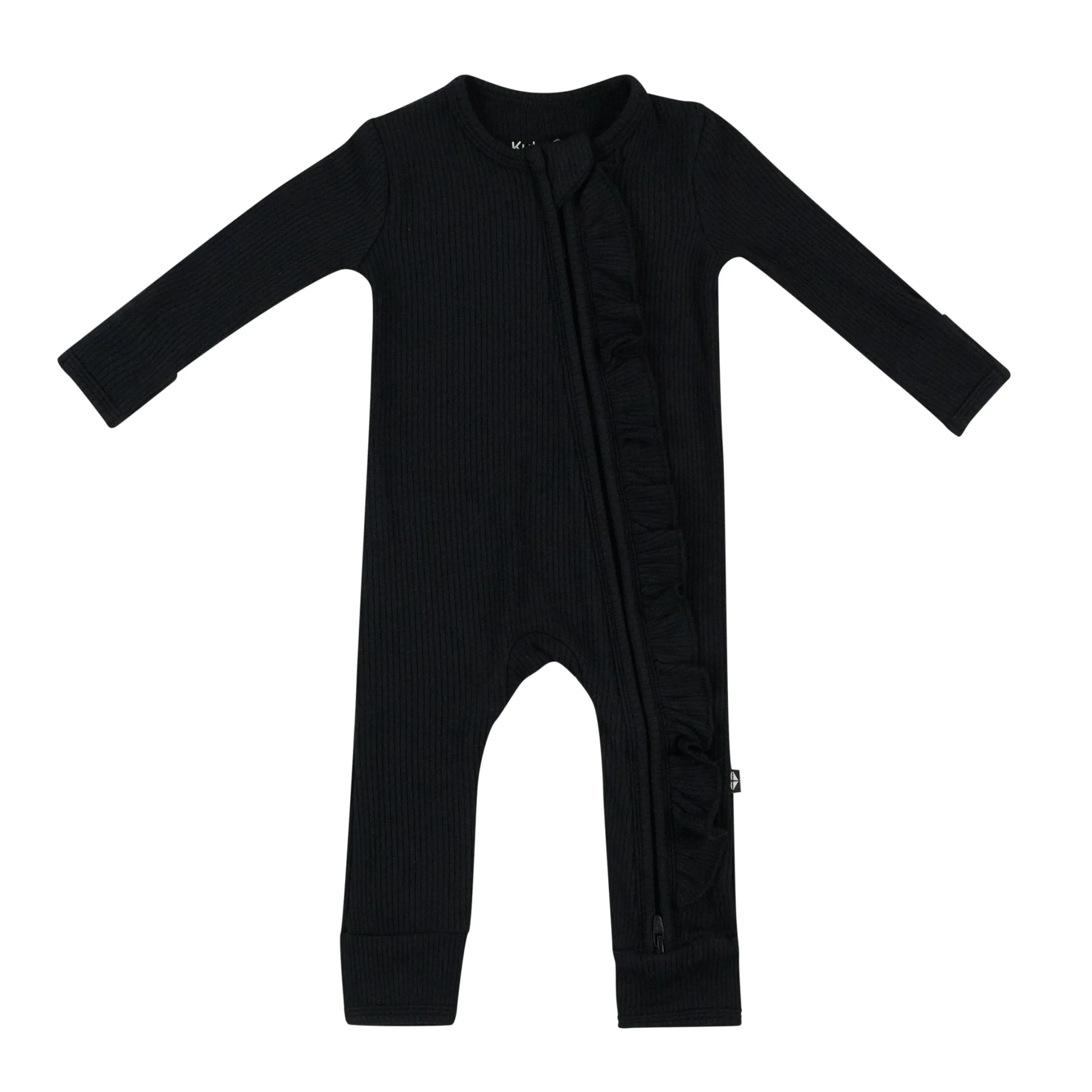 Ribbed Ruffle Zipper Romper in Midnight