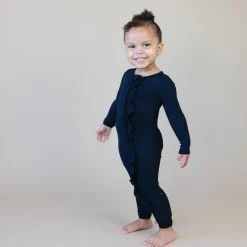 Ribbed Ruffle Zipper Romper in Midnight