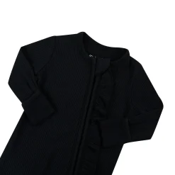 Ribbed Ruffle Zipper Romper in Midnight