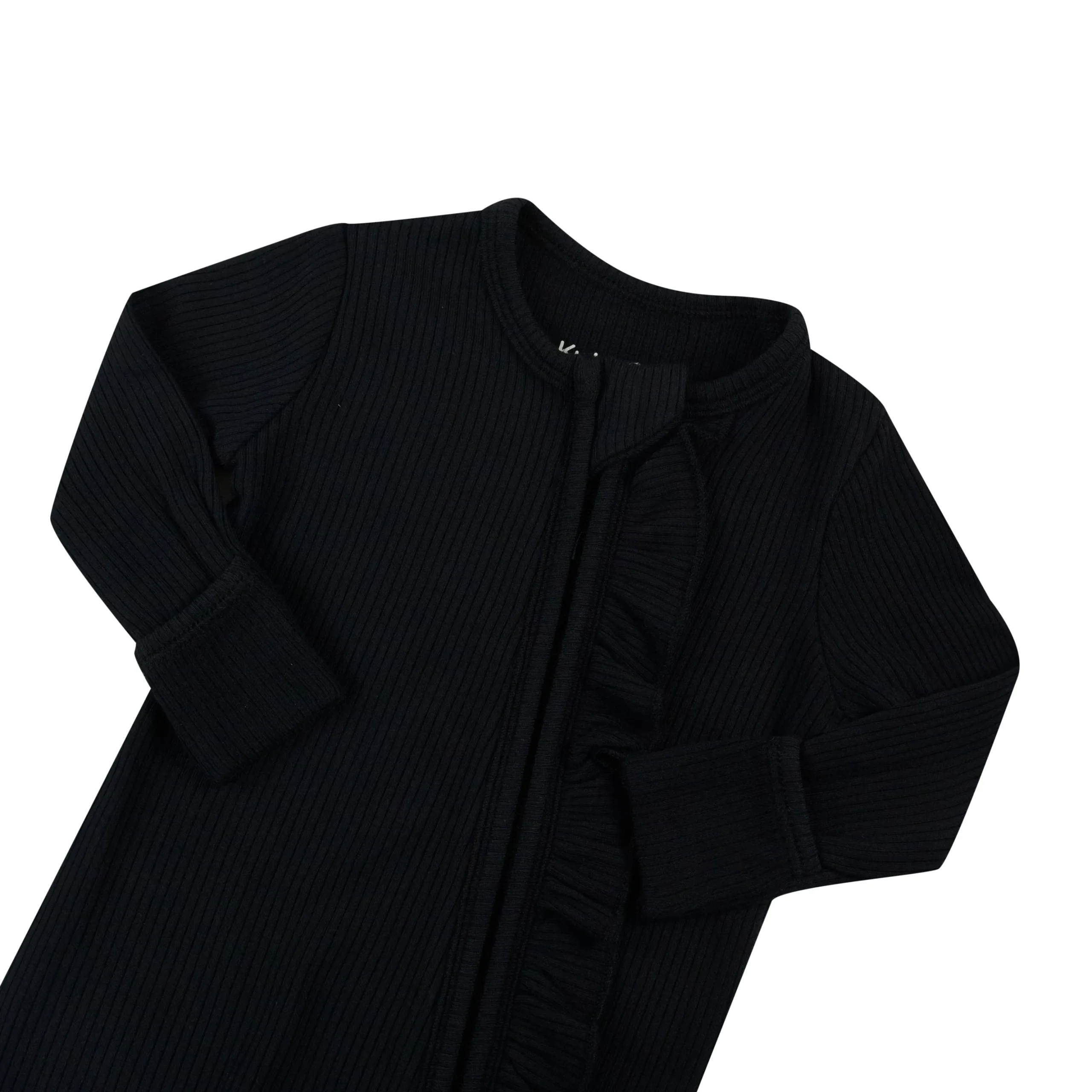 Ribbed Ruffle Zipper Romper in Midnight