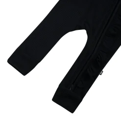 Ribbed Ruffle Zipper Romper in Midnight