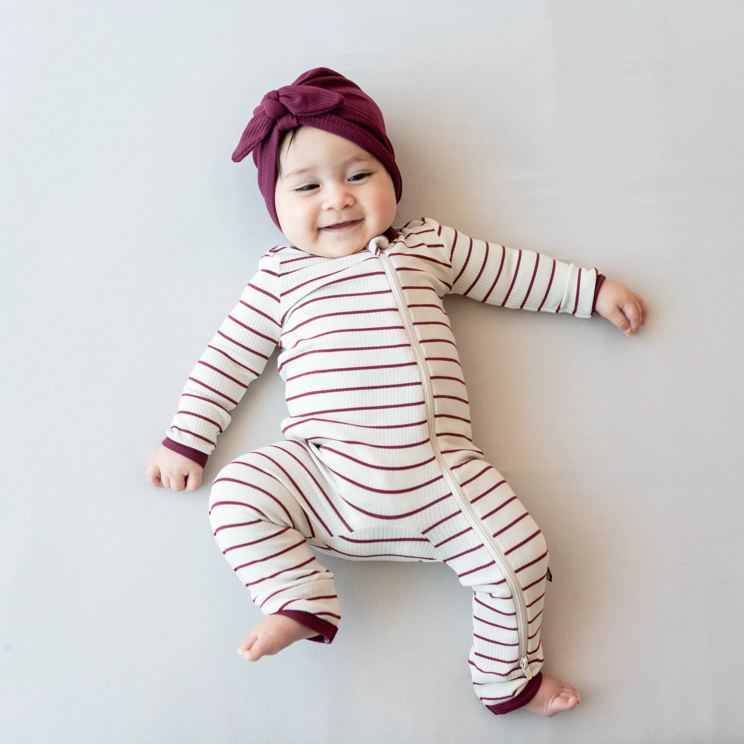Ribbed Zipper Romper in Burgundy Stripe