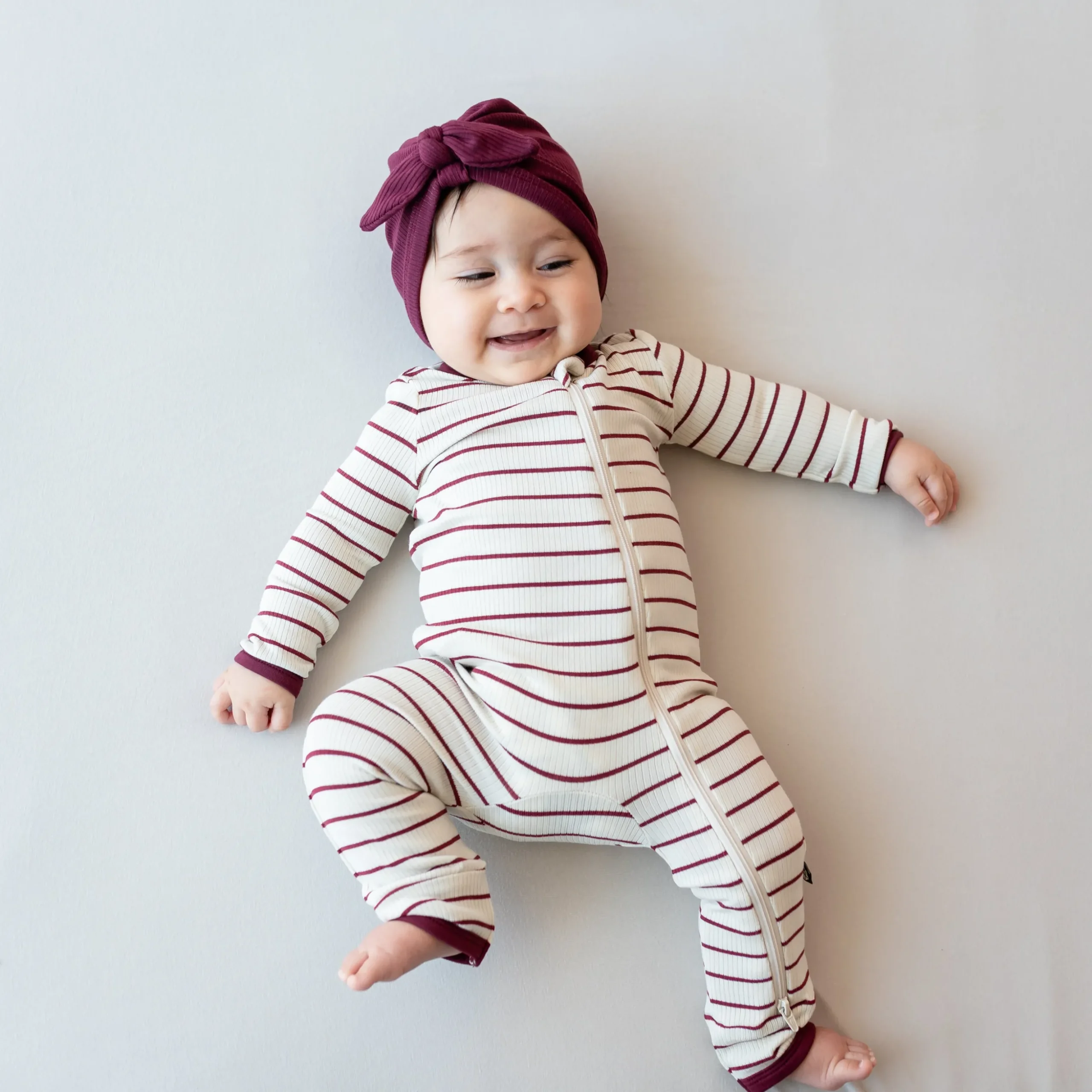 Ribbed Zipper Romper in Burgundy Stripe