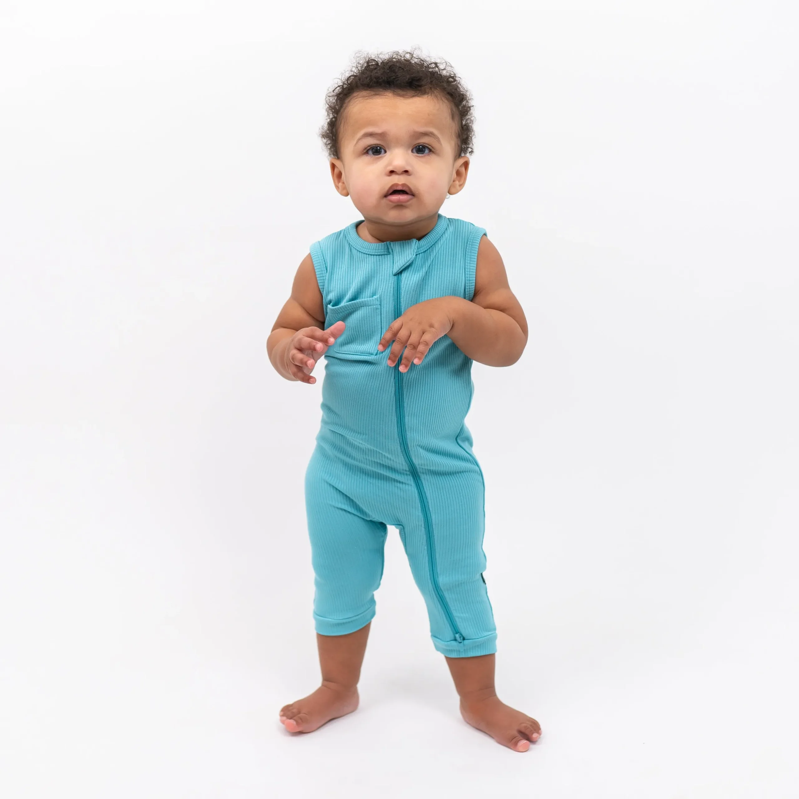 Ribbed Zippered Sleeveless Romper in Makai