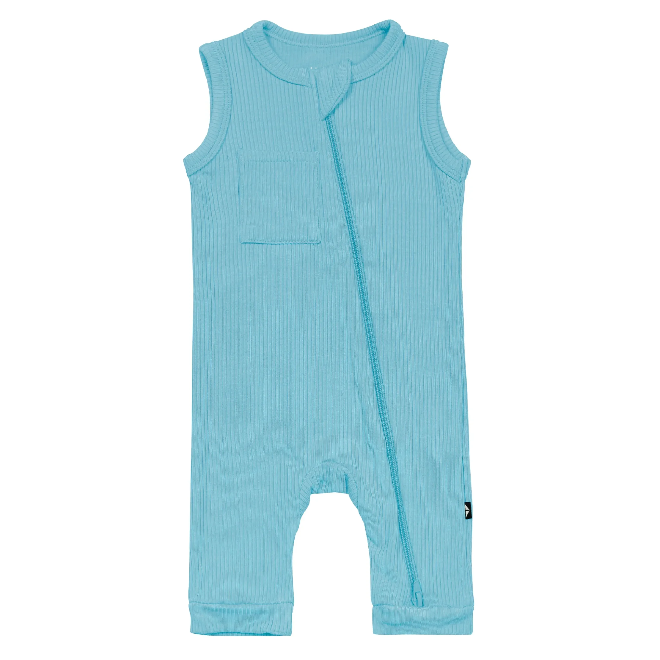 Ribbed Zippered Sleeveless Romper in Makai