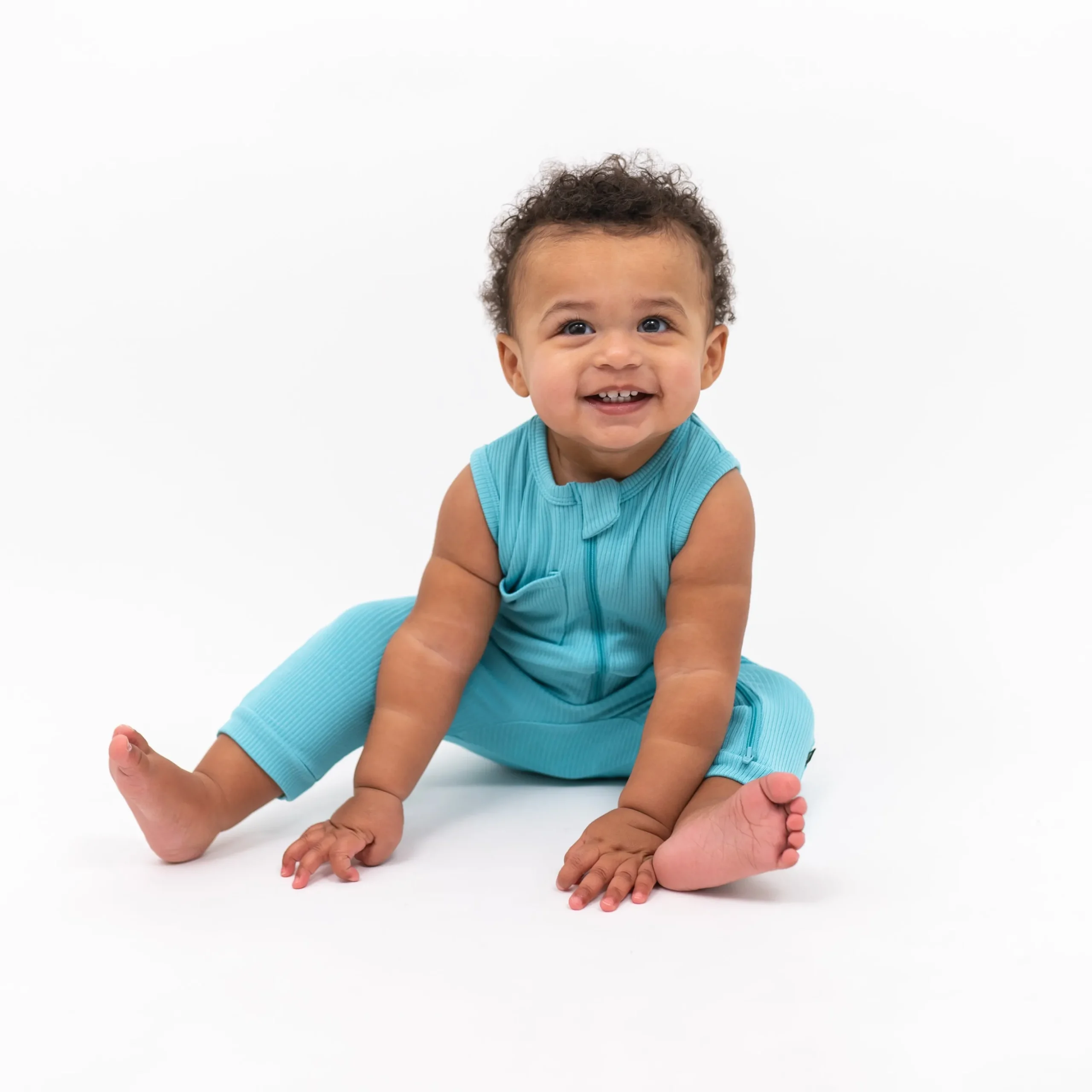 Ribbed Zippered Sleeveless Romper in Makai