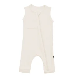 Ribbed Zippered Sleeveless Romper in Oat