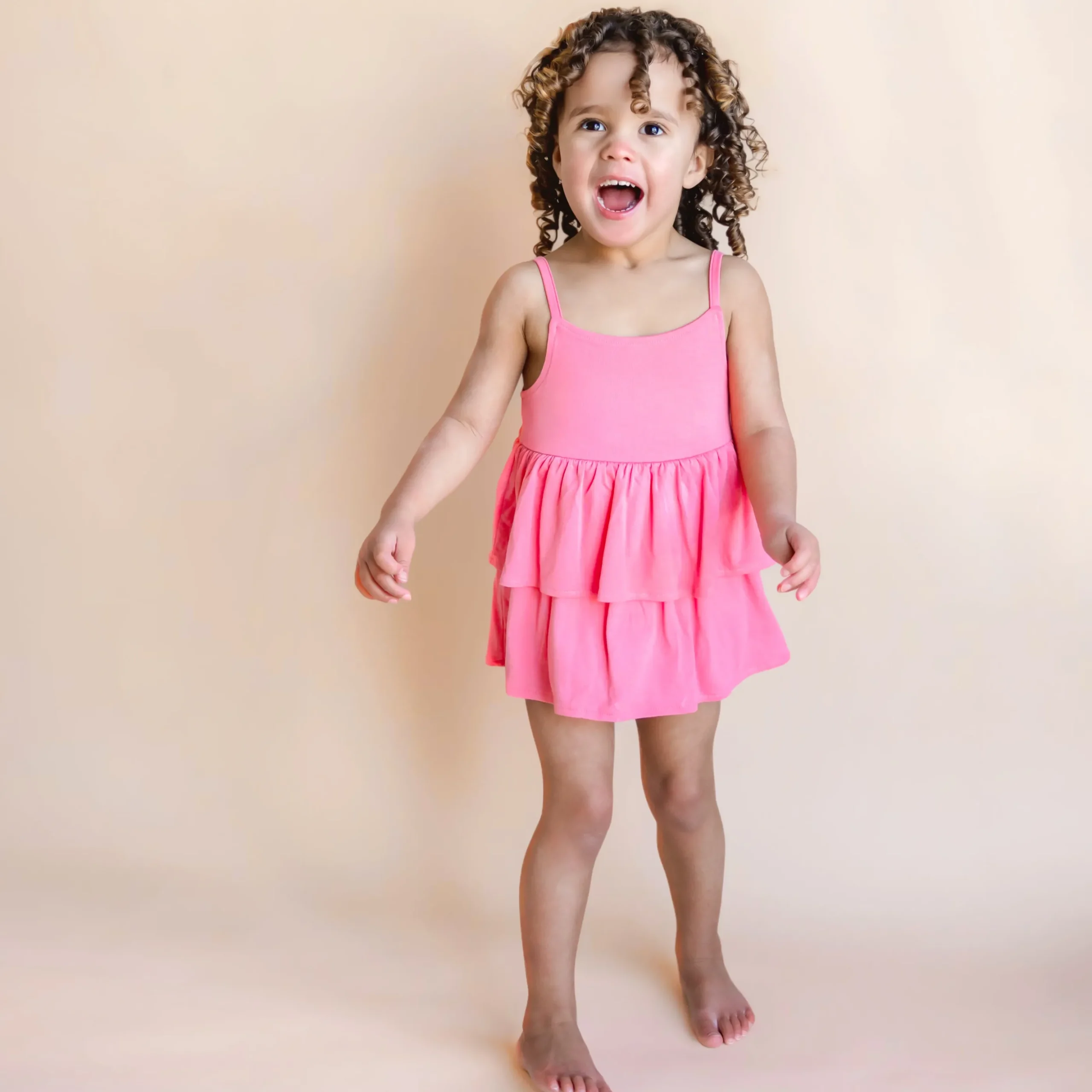 Spaghetti Strap Ruffle Romper in Guava