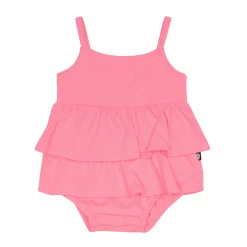 Spaghetti Strap Ruffle Romper in Guava
