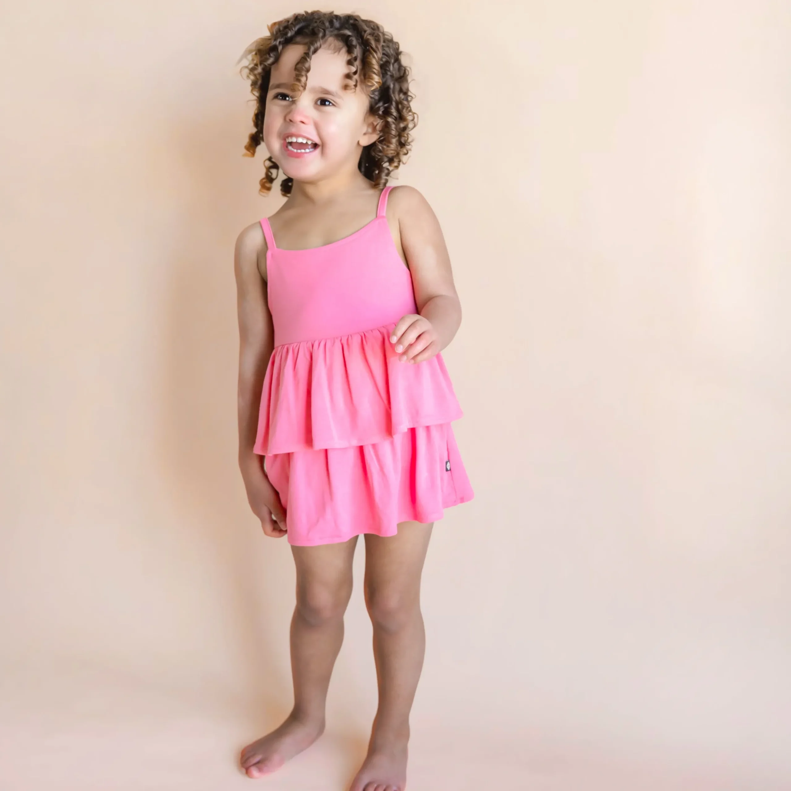 Spaghetti Strap Ruffle Romper in Guava