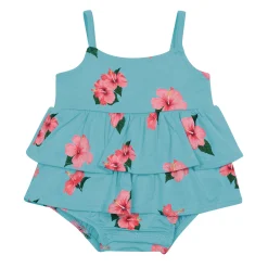 Spaghetti Strap Ruffle Romper in Hibiscus