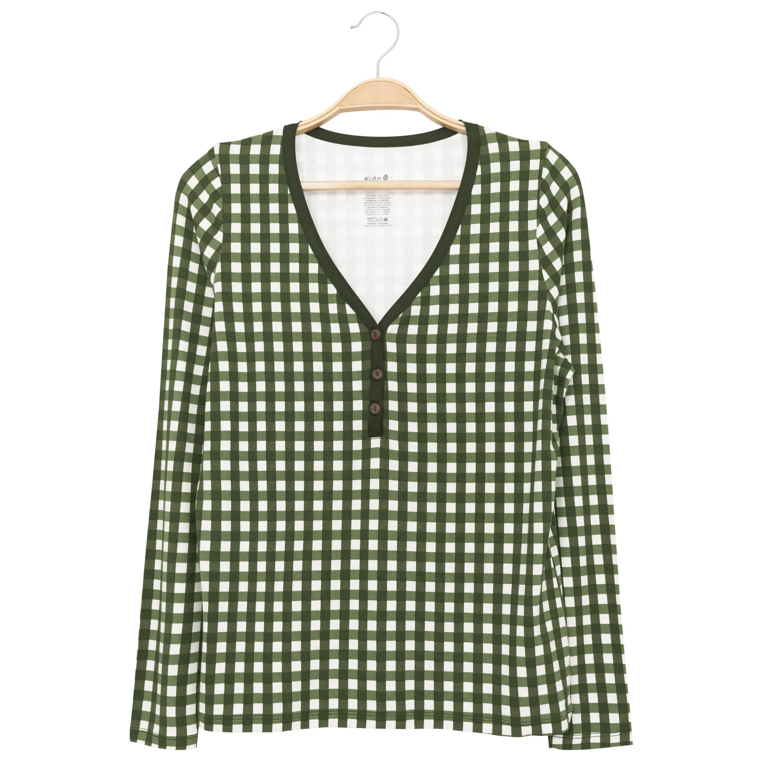 Women's Long Sleeve Henley Tee in Gingham Fir