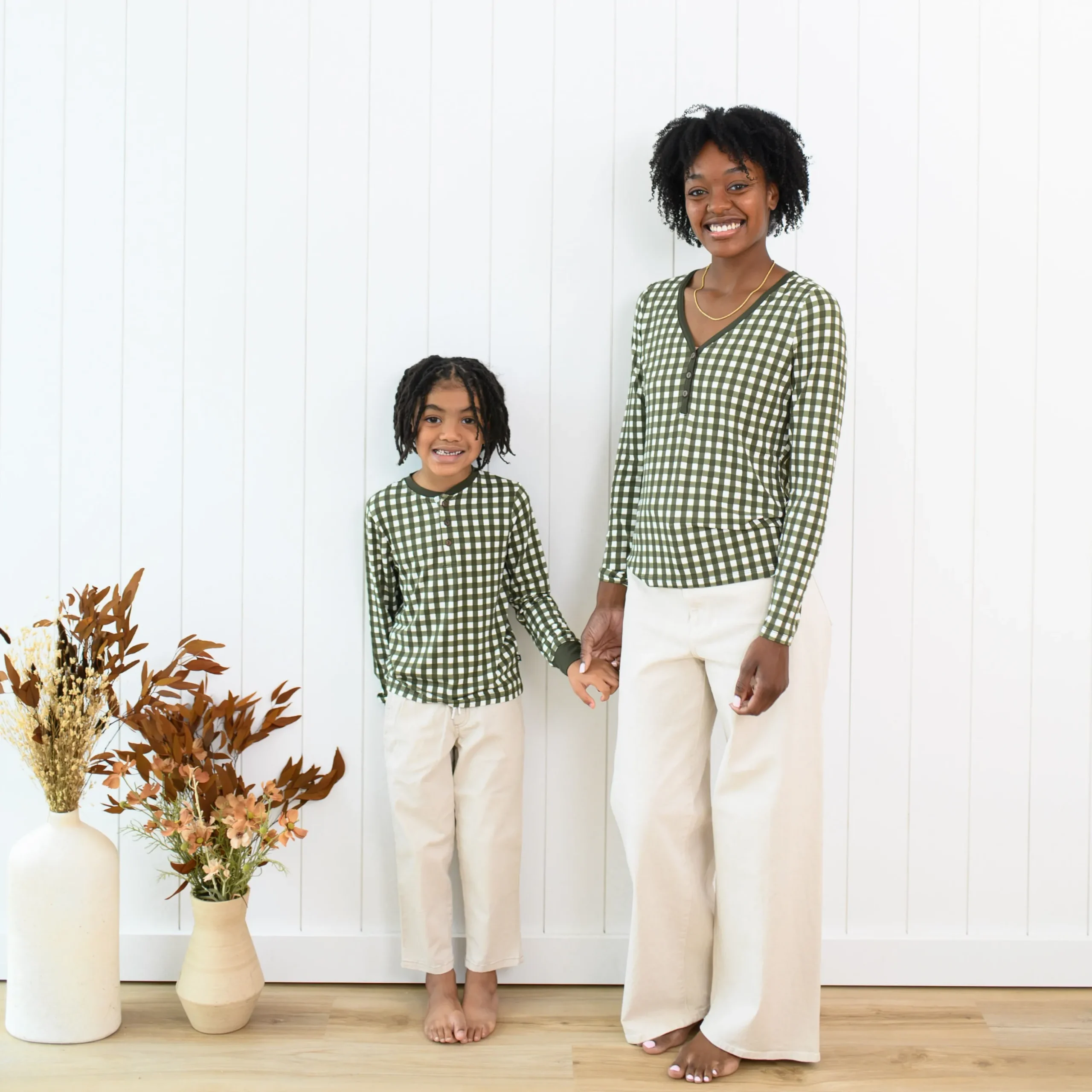 Women's Long Sleeve Henley Tee in Gingham Fir