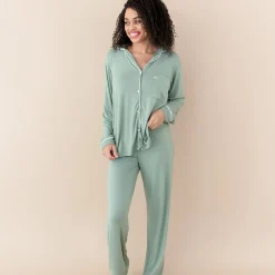 Women's Long Sleeve Pajama Set in Thyme with Cloud Trim