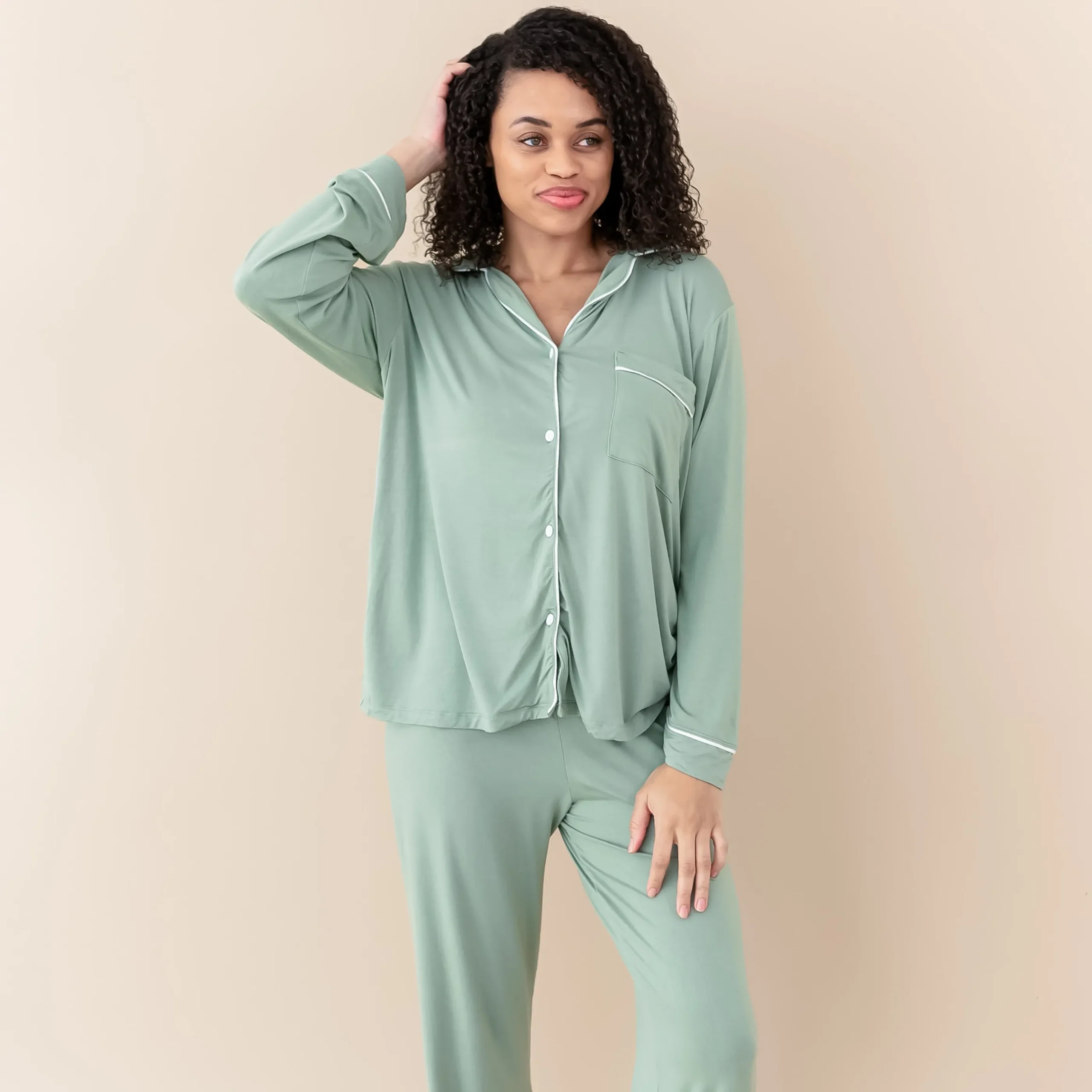 Women's Long Sleeve Pajama Set in Thyme with Cloud Trim