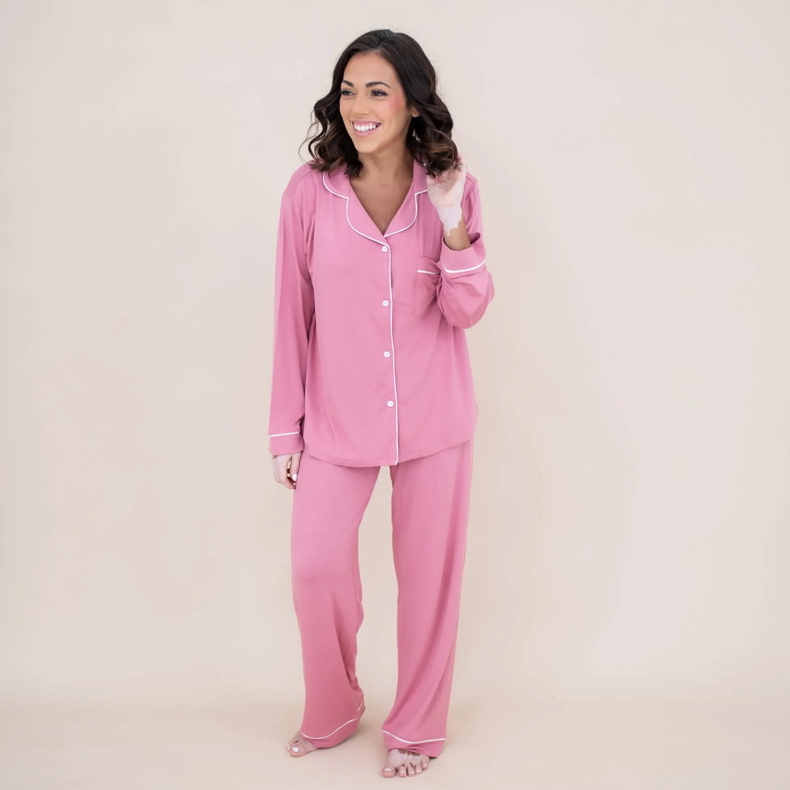 Women's Long Sleeve Pajama Set in Apple Blossom with Cloud Trim