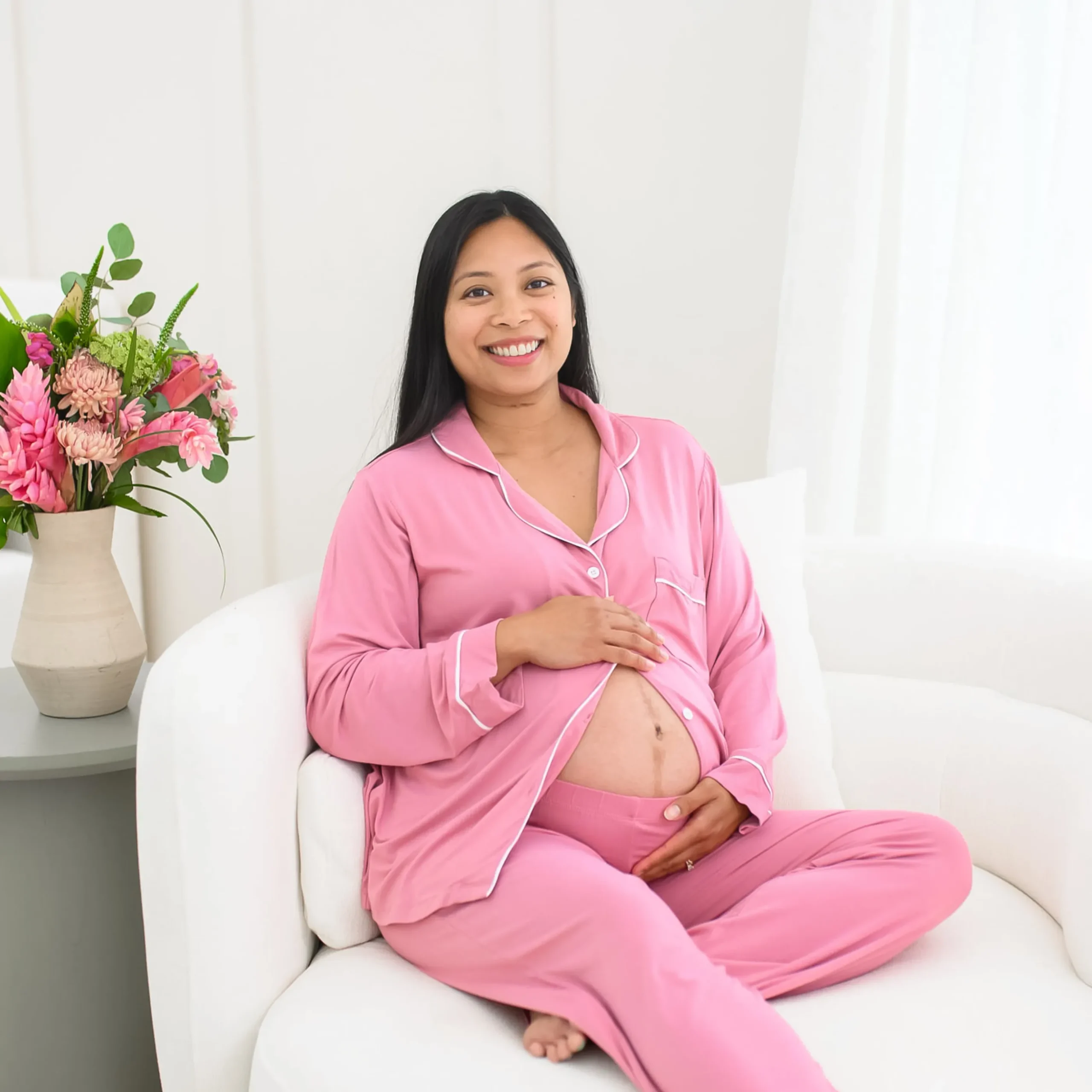 Women's Long Sleeve Pajama Set in Apple Blossom with Cloud Trim
