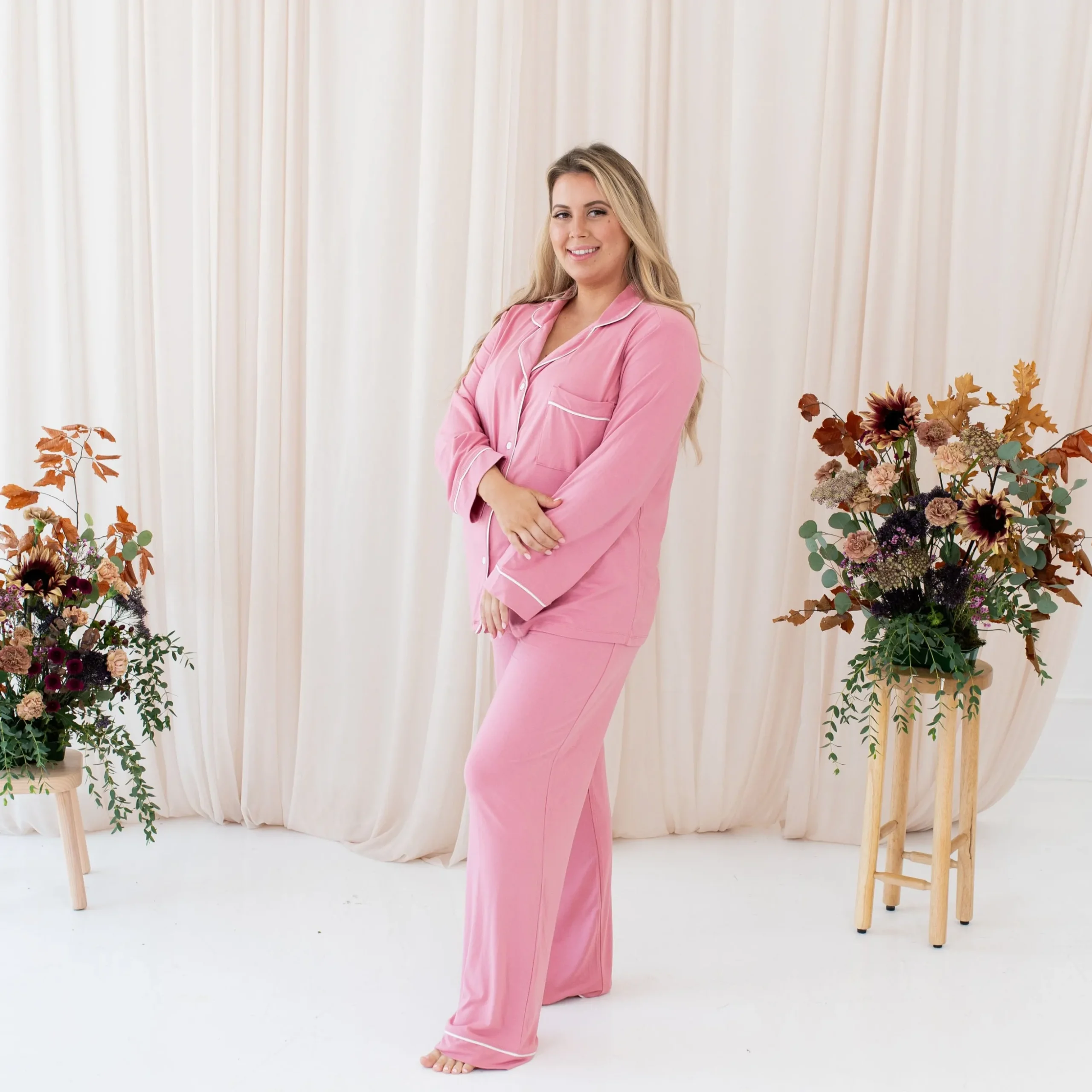 Women's Long Sleeve Pajama Set in Apple Blossom with Cloud Trim