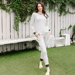 Women’s Ribbed Henley Set in Fir Stripe