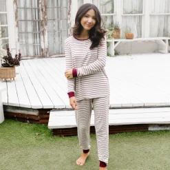 Women’s Ribbed Henley Set in Burgundy Stripe