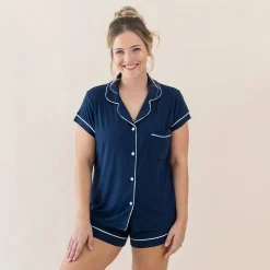 Women’s Short Sleeve Pajama Set in Navy with Cloud Trim