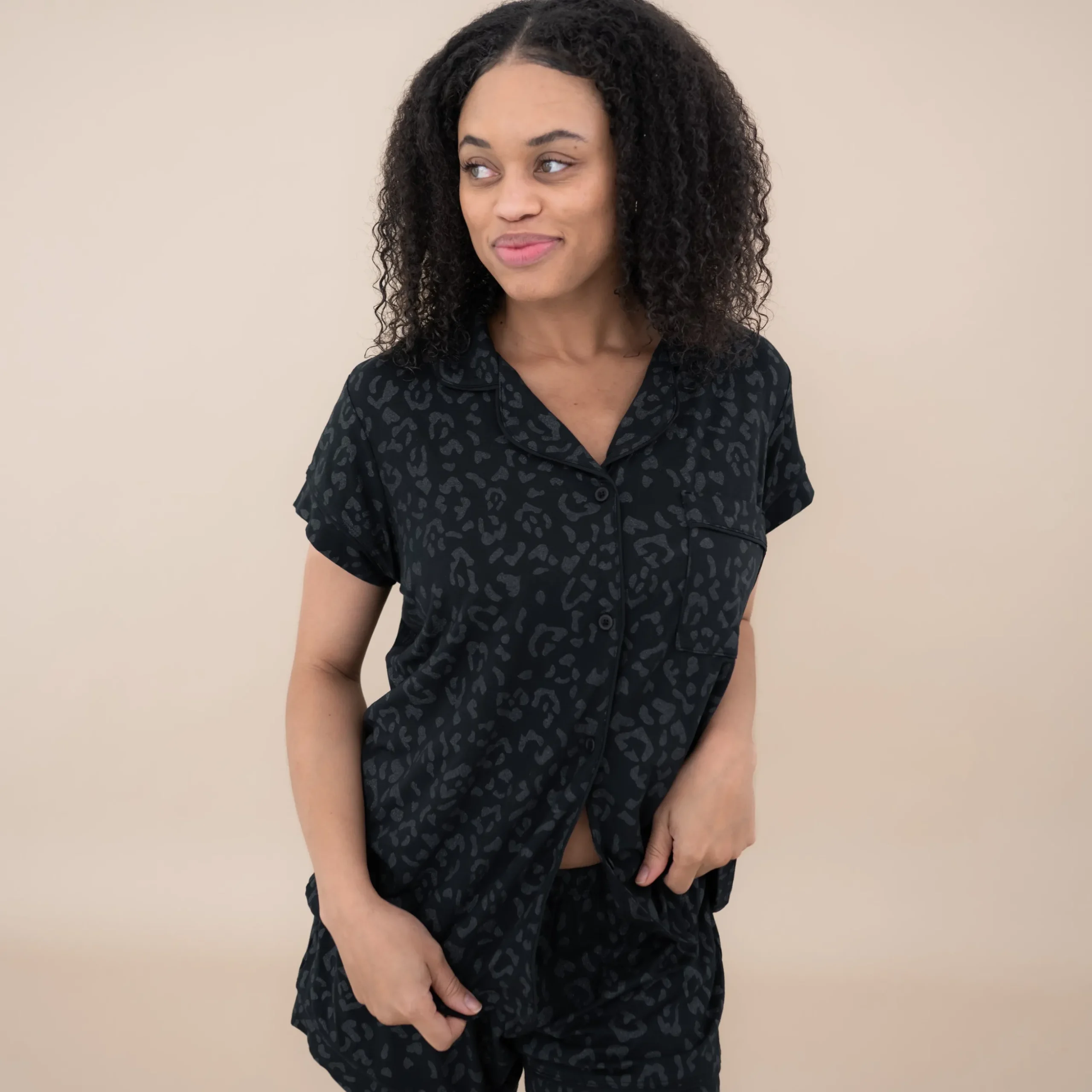 Women’s Short Sleeve Pajama Set in Midnight Leopard