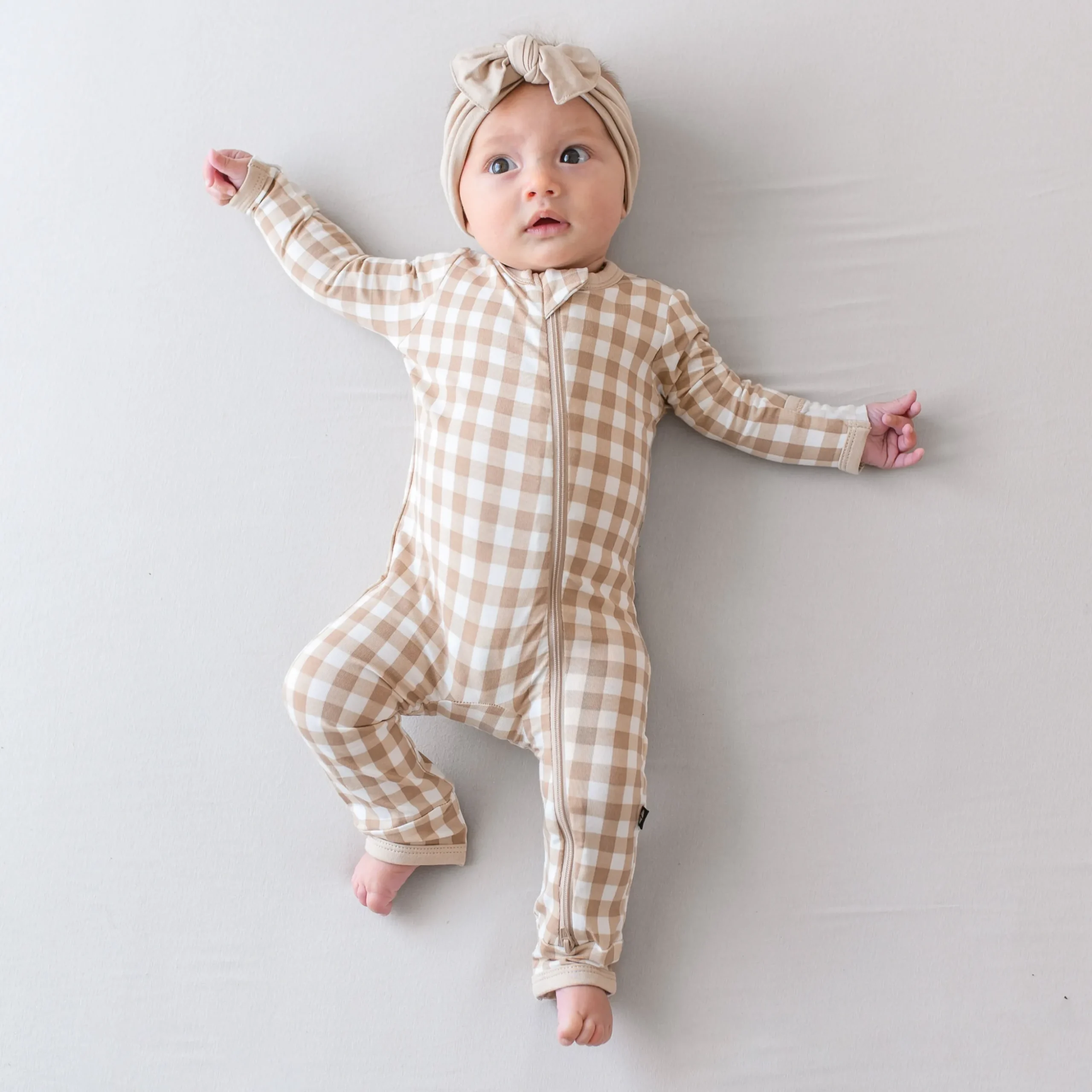 Zippered Romper in Gingham Bisque